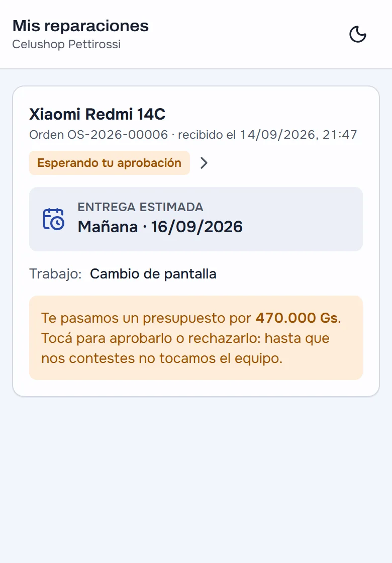 Portal del cliente en el celular: su Xiaomi Redmi 14C esperando aprobación, entrega estimada y un presupuesto de 470.000 Gs para aprobar.