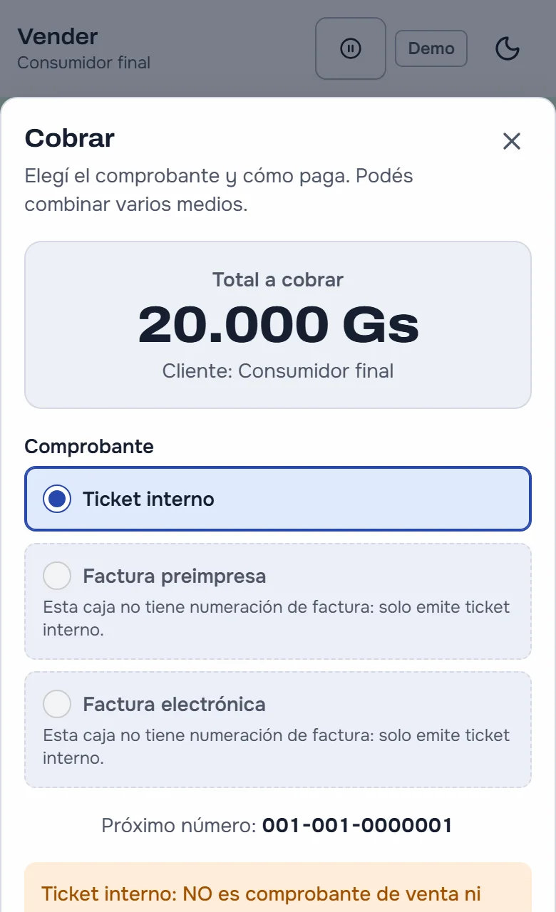 Cobro en el celular: total a cobrar 20.000 Gs, el comprobante y la condición de la venta.