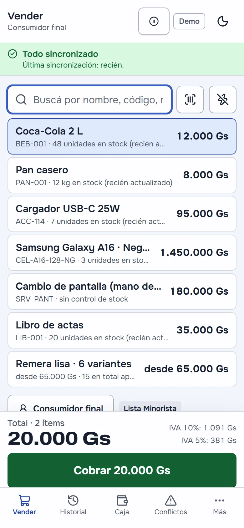 La caja en el celular: productos con su precio, dos artículos cargados y el botón verde «Cobrar 20.000 Gs».