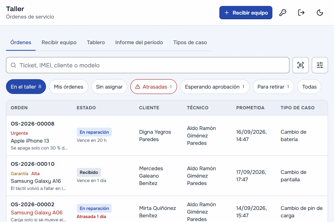 Órdenes del taller: cada una con su equipo, la falla, el estado (en reparación, listo para retirar, esperando aprobación), el técnico y la fecha prometida.