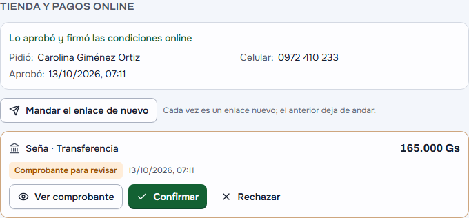 La ficha de un alquiler pedido por la tienda: «Lo aprobó y firmó las condiciones online», quién lo pidió, y en los pagos en línea la seña por transferencia esperando, con «Ver comprobante», «Confirmar» y «Rechazar»