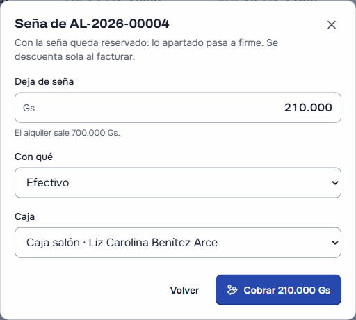 Cobrar la seña de un presupuesto: «Con la seña queda reservado: lo apartado pasa a firme», deja de seña 210.000, en efectivo en la caja del salón, y el botón Cobrar