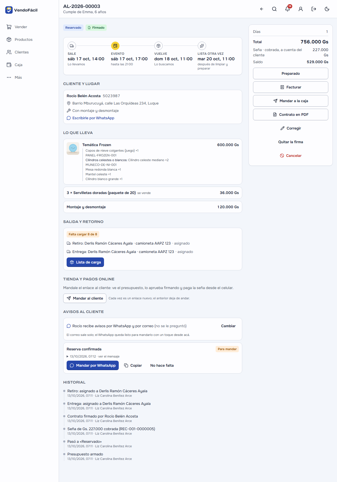 La ficha del Frozen de este sábado: reservado y firmado, la franja de la salida al retorno, la clienta y el lugar, lo que lleva con sus piezas, la entrega y el retiro asignados a Derlis con la camioneta, los avisos al cliente con la reserva confirmada para mandar por WhatsApp, y a la derecha la plata con la seña cobrada y el saldo