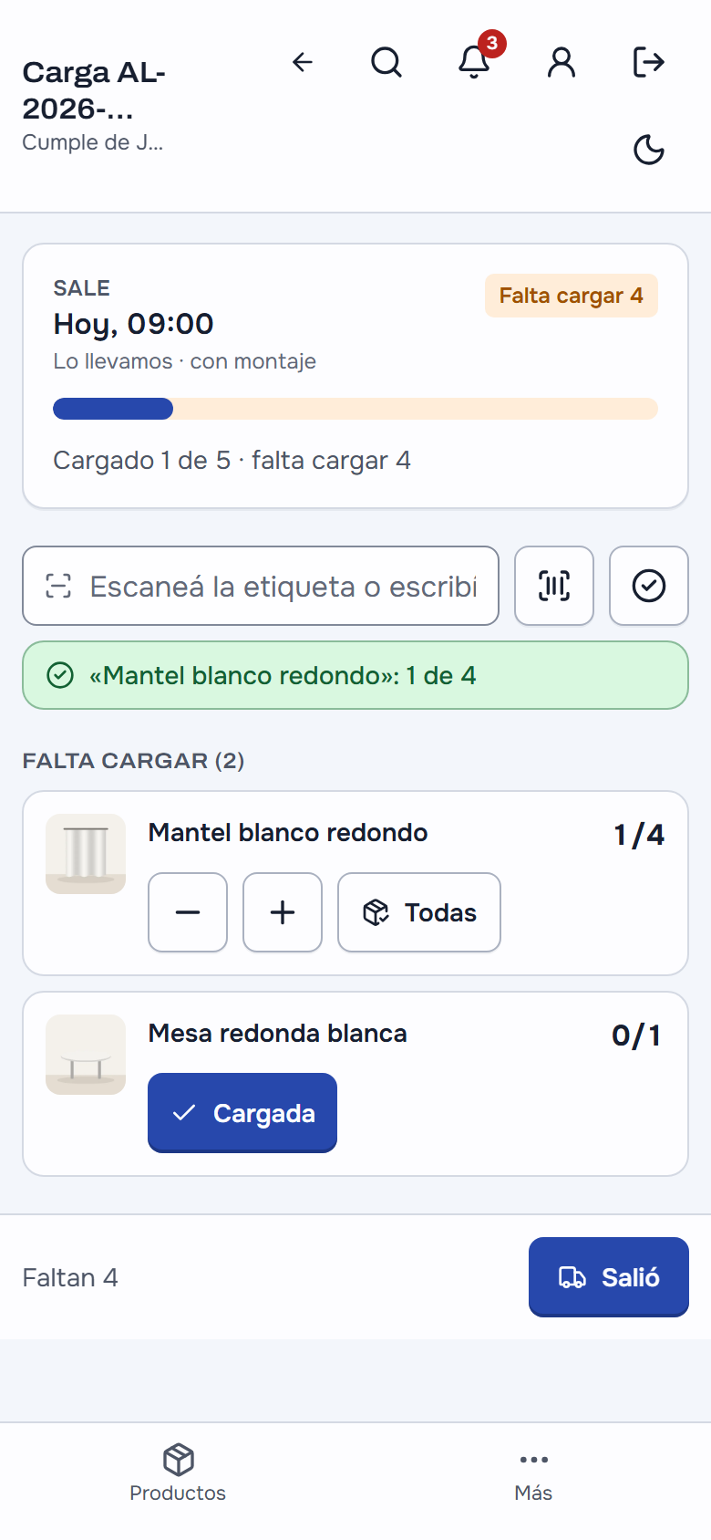 La lista de carga en el celular del depósito: cuándo sale y con montaje, «Falta cargar» con la barra, el campo para escanear con lo que se acaba de leer, lo que falta cargar arriba y lo cargado abajo, y la barra fija con «Salió»