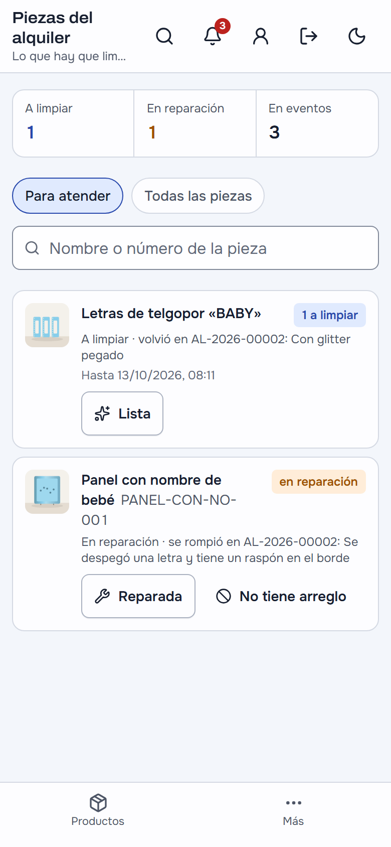 Piezas del alquiler en el celular: cuántas hay a limpiar, en reparación y en eventos, y cada pieza fuera de servicio con su foto, de qué alquiler volvió y por qué, hasta cuándo, y los botones Lista, Reparada y No tiene arreglo
