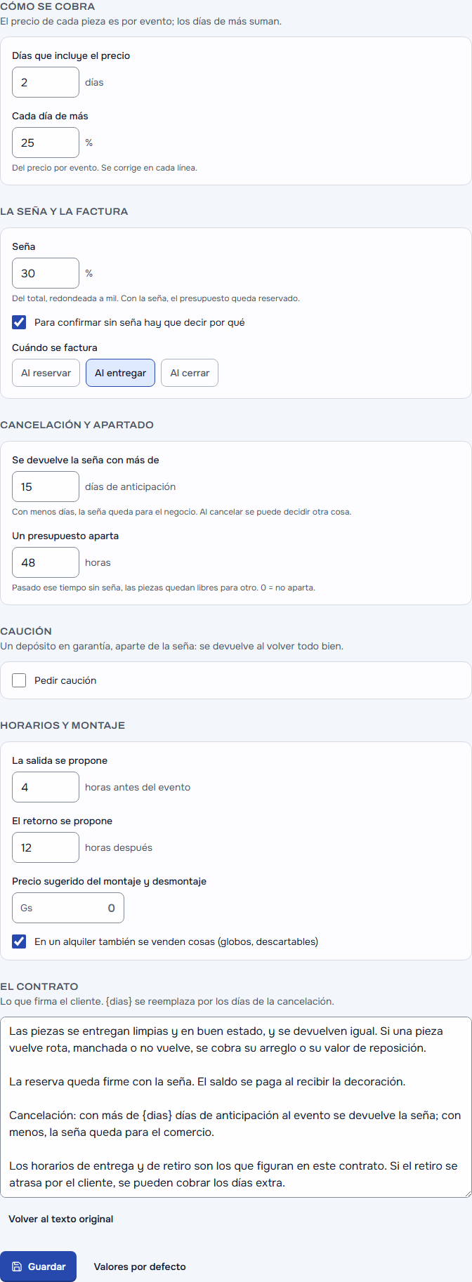 La configuración del alquiler: cómo se cobra, la seña y la factura, la cancelación y el apartado, la caución, los horarios y el montaje, y el texto del contrato