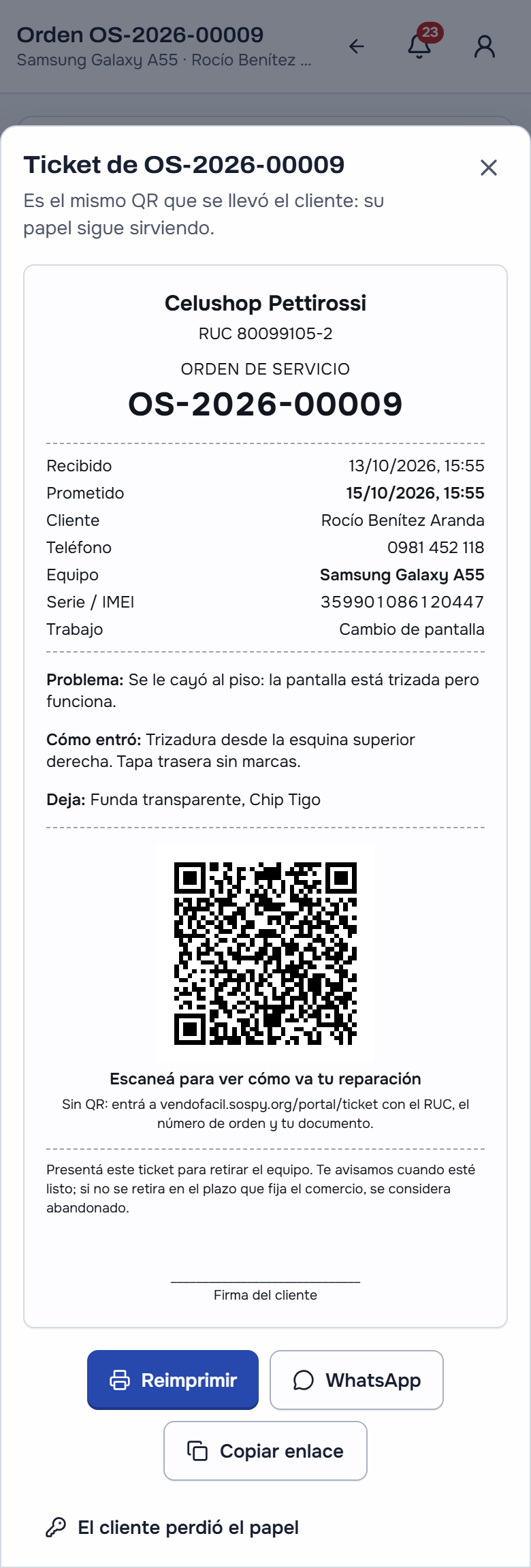 El ticket con el QR