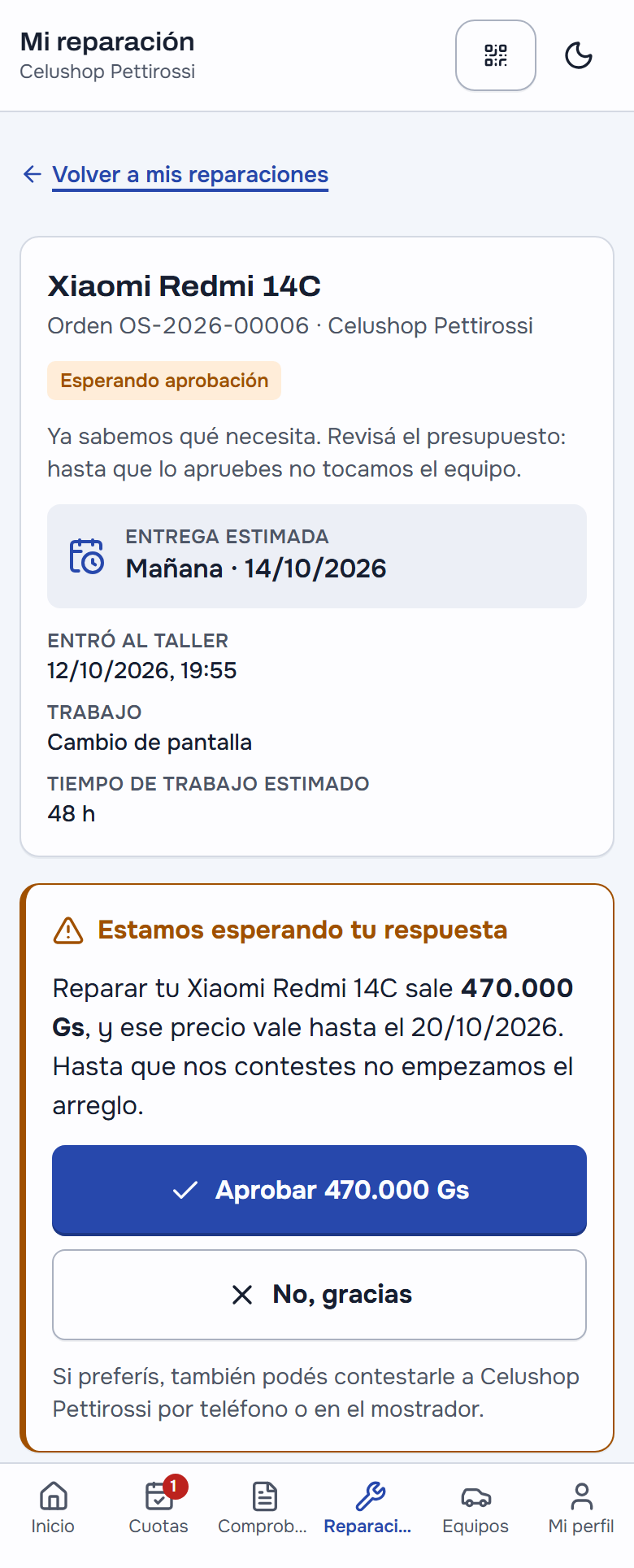 El cliente aprueba el presupuesto desde su portal