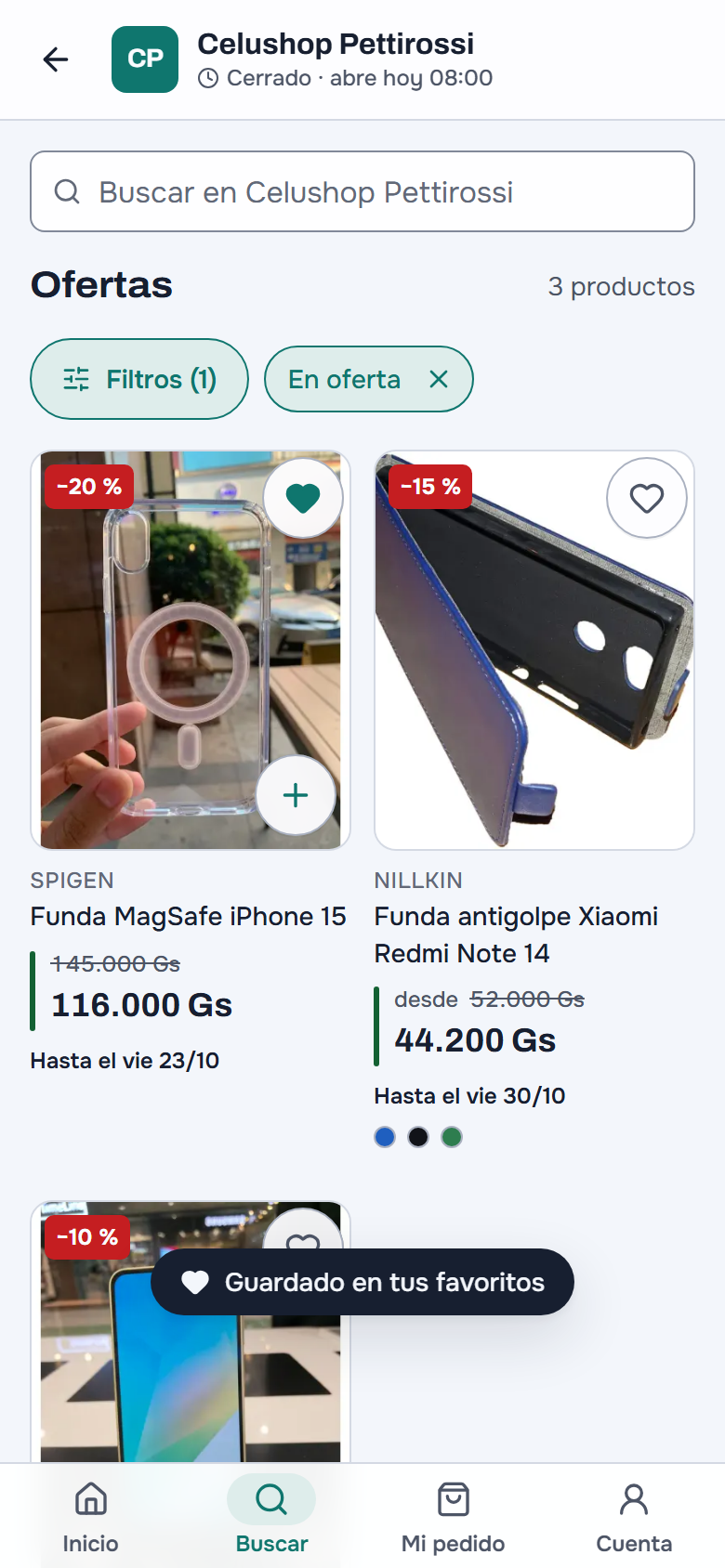 La tienda con una oferta y el corazón de favoritos, en el celular