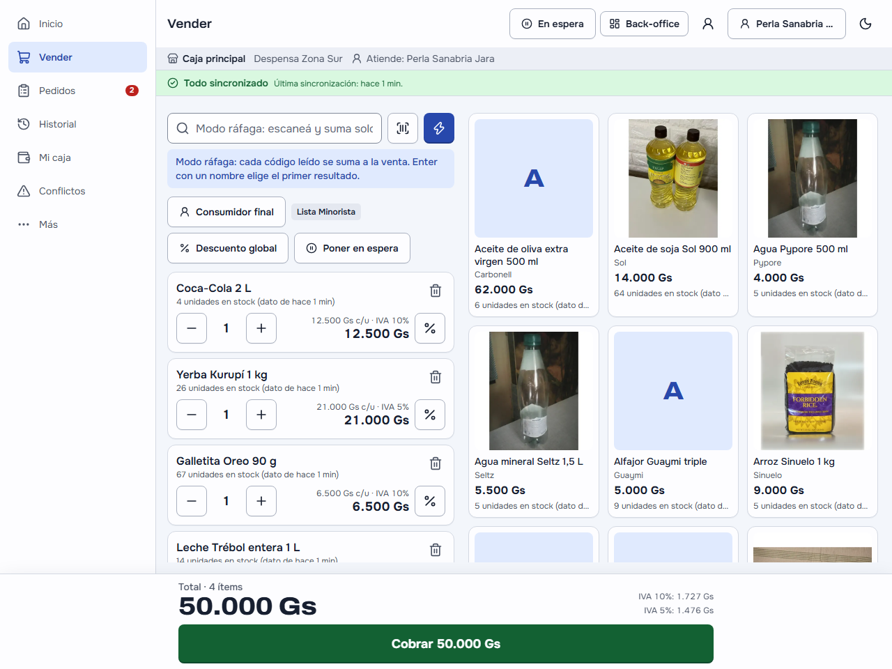 El modo ráfaga prendido en la caja: el botón del rayo en azul, el aviso «Modo ráfaga: cada código leído se suma a la venta. Enter con un nombre elige el primer resultado.» y cuatro productos pasados por el lector: Coca-Cola 2 L a 12.500 Gs con IVA 10 %, Yerba Kurupí 1 kg a 21.000 Gs con IVA 5 %, Galletita Oreo 90 g a 6.500 Gs y la Leche Trébol entera 1 L asomando abajo; el total de 50.000 Gs por 4 ítems, con el IVA 10 % y el 5 % separados, y «Cobrar 50.000 Gs»