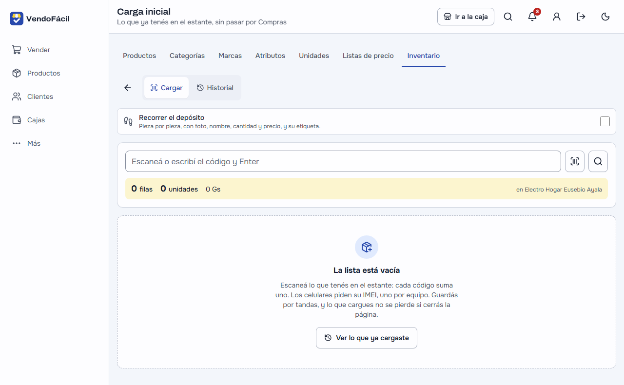 Inventario → Carga inicial en la computadora: «Recorrer el depósito», el campo «Escaneá o escribí el código y Enter» con 0 filas, 0 unidades y 0 Gs en Electro Hogar Eusebio Ayala, y la lista vacía, que explica que cada código suma uno y que los de número de serie piden el suyo, con «Ver lo que ya cargaste»