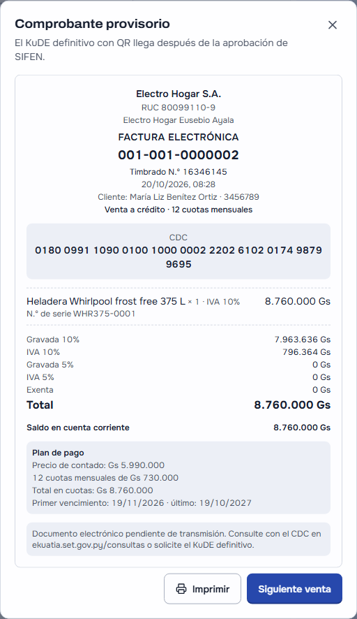 El comprobante provisorio de la caja: la factura electrónica de Electro Hogar S.A. a María Liz Benítez Ortiz, «Venta a crédito · 12 cuotas mensuales», el CDC, la Heladera Whirlpool frost free 375 L a 8.760.000 Gs con su número de serie WHR375-0001, el IVA, el saldo en cuenta corriente y el bloque «Plan de pago»: precio de contado Gs 5.990.000, 12 cuotas mensuales de Gs 730.000, total en cuotas Gs 8.760.000 y el primer y el último vencimiento; abajo «Imprimir» y «Siguiente venta»