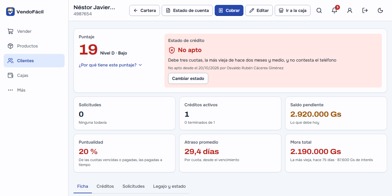 La ficha de Néstor Javier Insfrán Báez en la computadora: puntaje 19, Nivel D · Bajo, con «¿Por qué tiene este puntaje?»; el estado de crédito No apto con su motivo («Debe tres cuotas, la más vieja de hace dos meses y medio, y no contesta el teléfono»), quién y cuándo, y «Cambiar estado»; las seis tarjetas (0 solicitudes, 1 crédito activo, saldo pendiente 2.920.000 Gs, puntualidad 20 %, atraso promedio 29,4 días y mora total 2.190.000 Gs) y las pestañas Ficha, Créditos, Solicitudes y Legajo y estado
