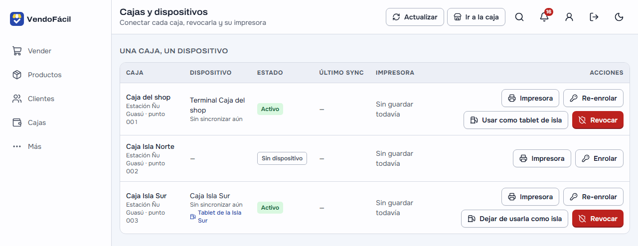Cajas y dispositivos en la computadora: la Caja Isla Sur con su tablet conectada, la marca «Tablet de la Isla Sur» y el botón «Dejar de usarla como isla»; la Caja del shop, con su terminal y el botón «Usar como tablet de isla»; y la Caja Isla Norte, sin dispositivo