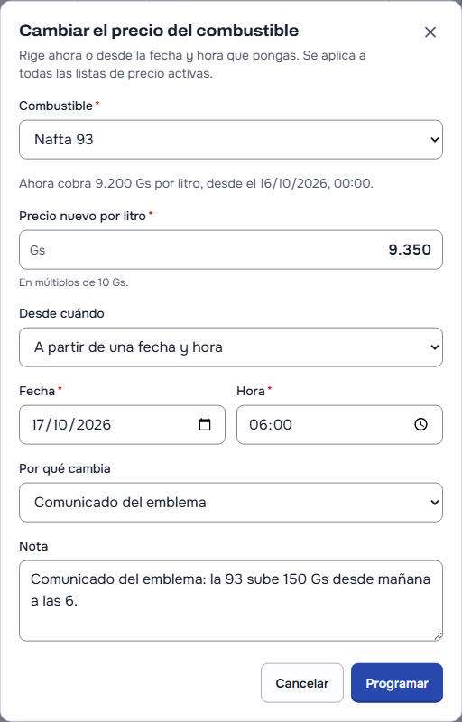 «Cambiar el precio del combustible»: la Nafta 93, que hoy cobra 9.200 Gs, a 9.350 Gs desde mañana a las 06:00, por comunicado del emblema, con la nota del comunicado y los botones «Cancelar» y «Programar»