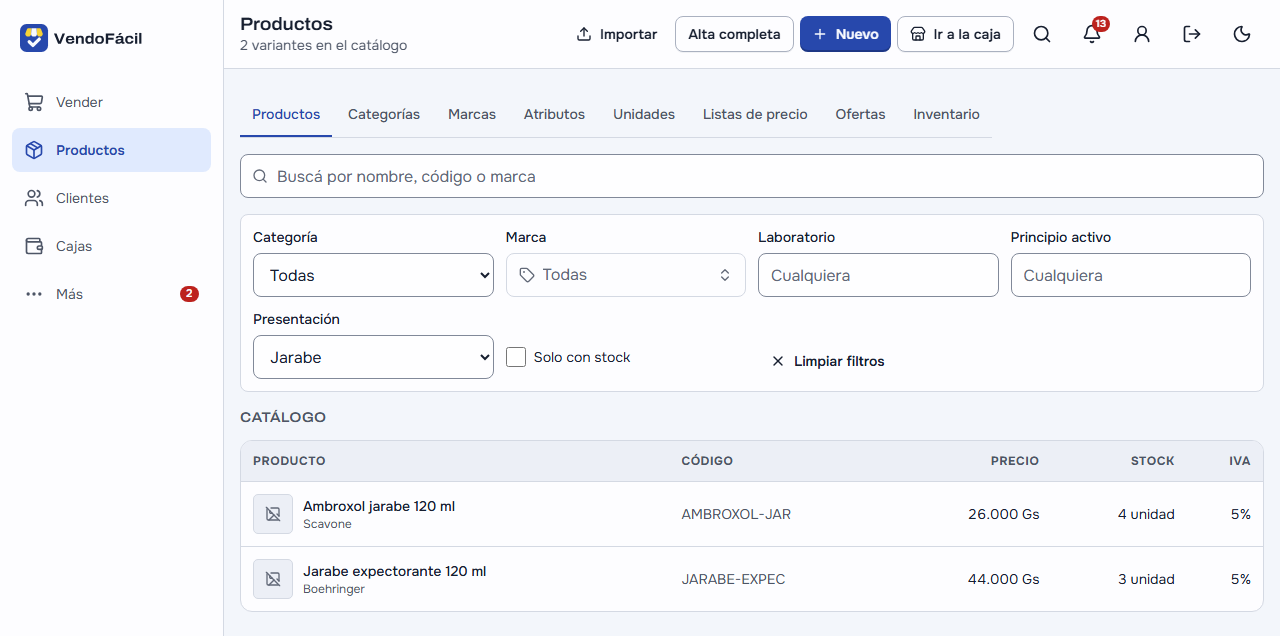 Productos en la computadora, con «Importar», «Alta completa» y «Nuevo» arriba y los filtros del rubro: Categoría, Marca, Laboratorio, Principio activo, Presentación con «Jarabe» elegido, «Solo con stock» y «Limpiar filtros»; la lista muestra el Ambroxol jarabe 120 ml de Scavone y el Jarabe expectorante 120 ml de Boehringer, con su código, su precio, su stock y el IVA 5 %
