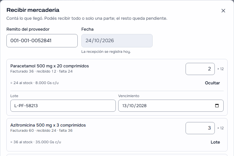 «Recibir mercadería» de la orden de Distribuidora Puntofarma: el remito del proveedor cargado y la fecha de hoy; la línea del Paracetamol 500 mg x 20 comprimidos con «Facturado 36 · recibido 12 · falta 24», 2 envases de 12, «= 24 al stock · 8.000 Gs c/u» y, abierto, el Lote L-PF-58213 y su Vencimiento; debajo, la línea de la Azitromicina 500 mg x 3 comprimidos con su botón «Lote»