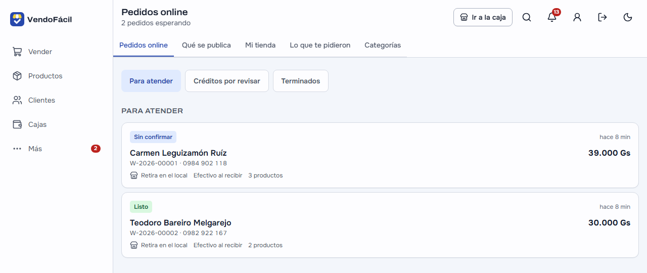 Pedidos online de la farmacia: «2 pedidos esperando» en «Para atender», la reserva de Carmen Leguizamón Ruíz sin confirmar (39.000 Gs, 3 productos) y la de Teodoro Bareiro Melgarejo lista (30.000 Gs, 2 productos), las dos «Retira en el local» y «Efectivo al recibir»