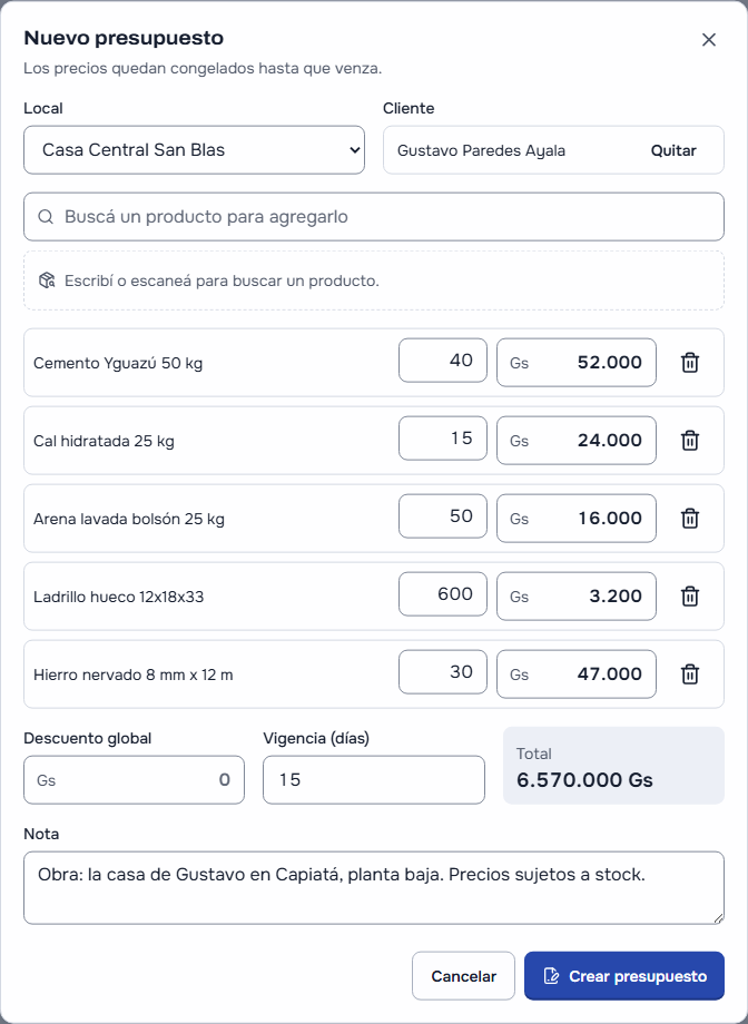 «Nuevo presupuesto» para Gustavo Paredes Ayala en la Casa Central San Blas: 40 bolsas de Cemento Yguazú 50 kg a 52.000 Gs, 15 de Cal hidratada 25 kg a 24.000 Gs, 50 de Arena lavada bolsón 25 kg a 16.000 Gs, 600 ladrillos huecos 12x18x33 a 3.200 Gs y 30 barras de Hierro nervado 8 mm x 12 m a 47.000 Gs; vigencia de 15 días, total 6.570.000 Gs, la nota de la obra y «Crear presupuesto»