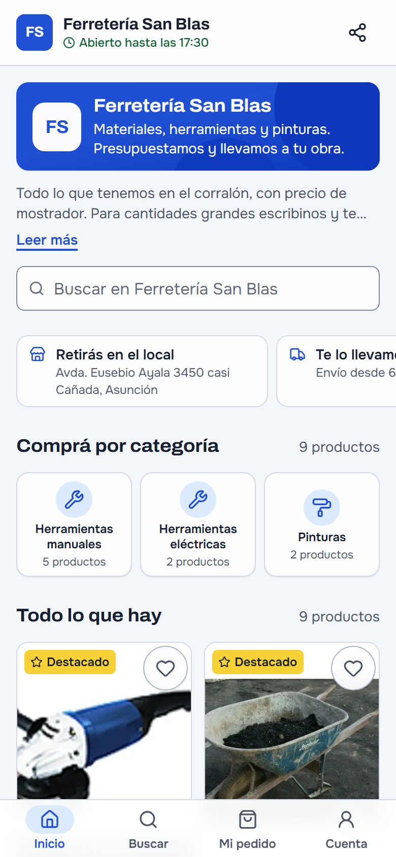 La tienda de la Ferretería San Blas en el celular: abierta hasta las 17:30, «Materiales, herramientas y pinturas. Presupuestamos y llevamos a tu obra.», «Retirás en el local» y «Te lo llevamos», las categorías Herramientas manuales, Herramientas eléctricas y Pinturas, y los primeros productos destacados con su foto