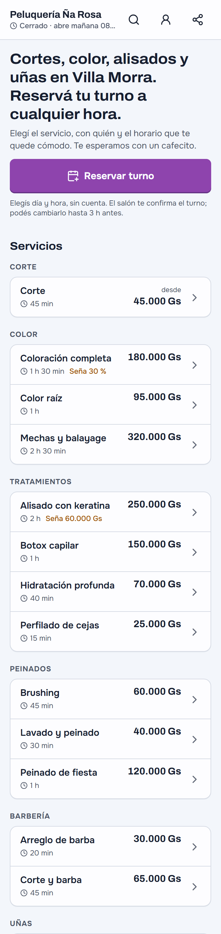 La página del salón en el celular