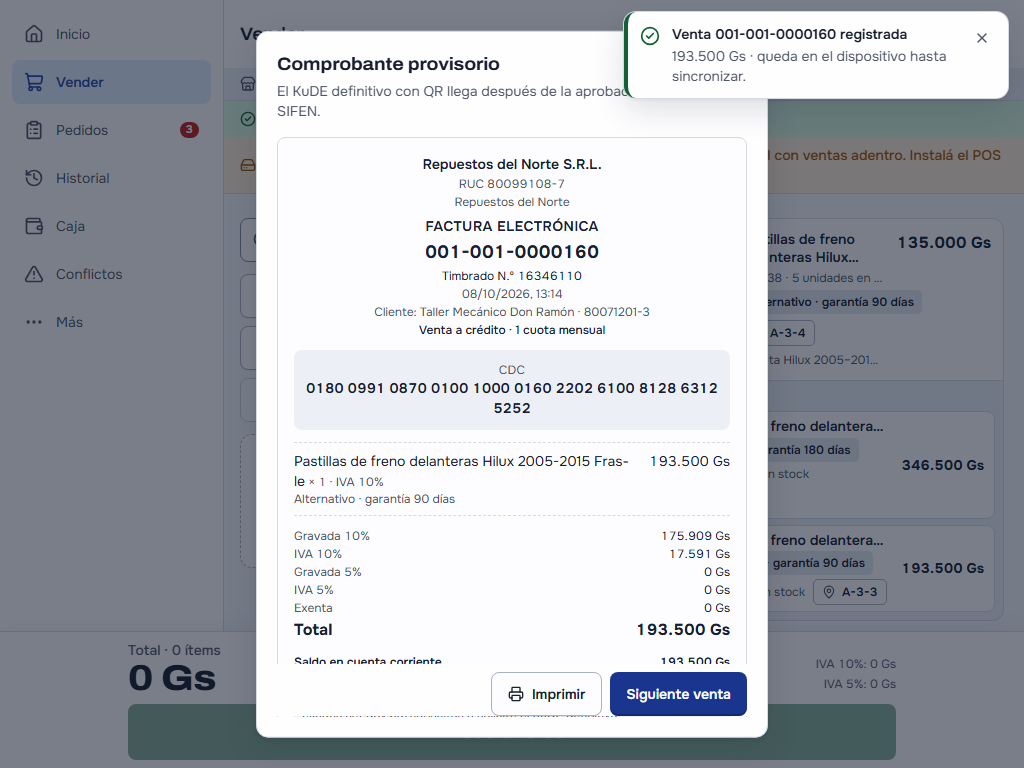 El comprobante de la venta al taller a crédito, con la pieza y debajo «Alternativo · garantía 90 días»