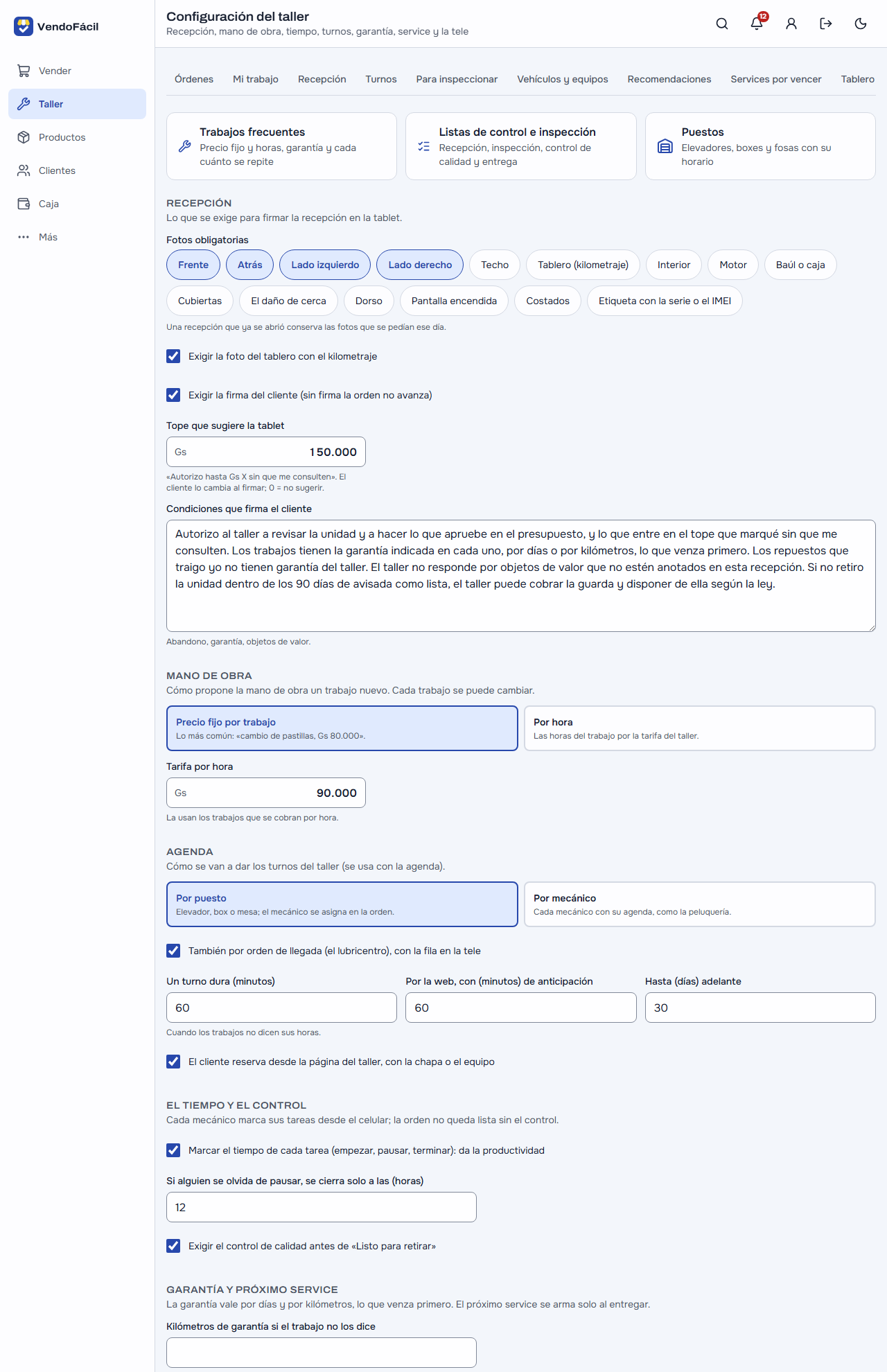 La configuración del taller