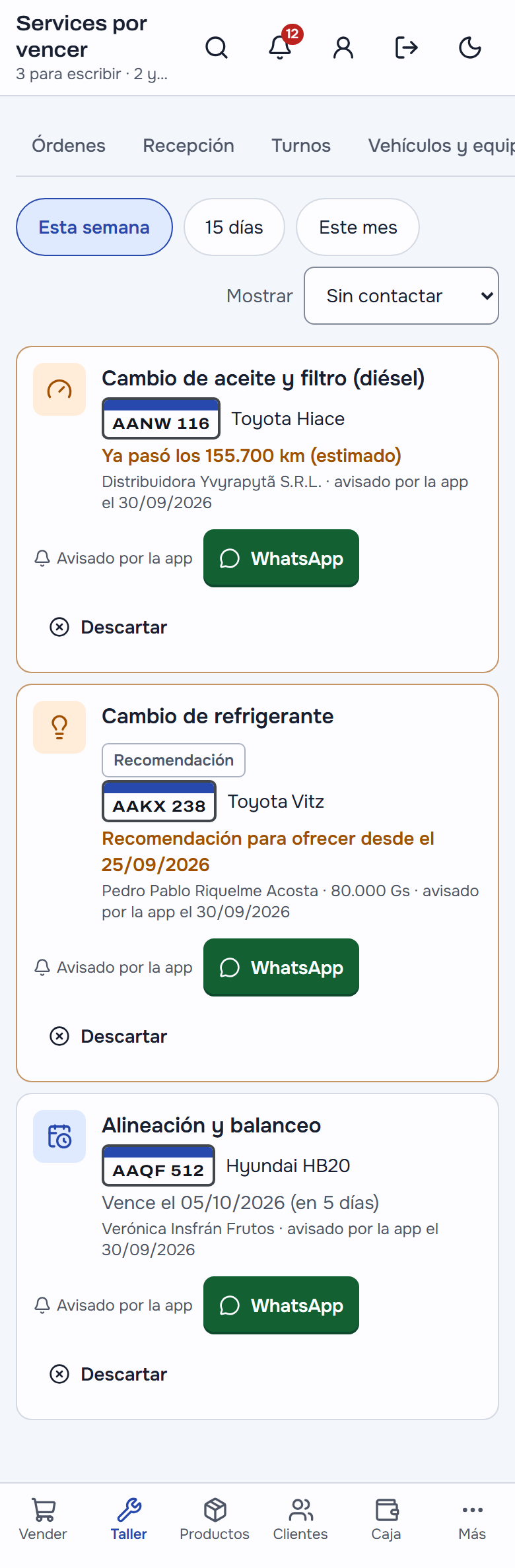Services por vencer en el celular de la recepción