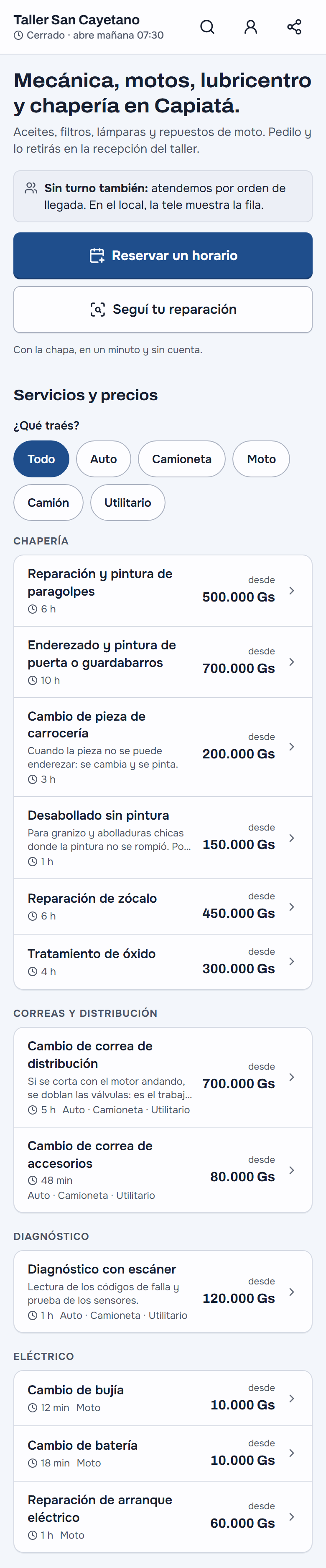 La página del taller en el celular: el aviso de que también atiende por orden de llegada, «Reservar un horario» y «Seguí tu reparación» arriba, y los trabajos con su precio desde, filtrados por qué traés