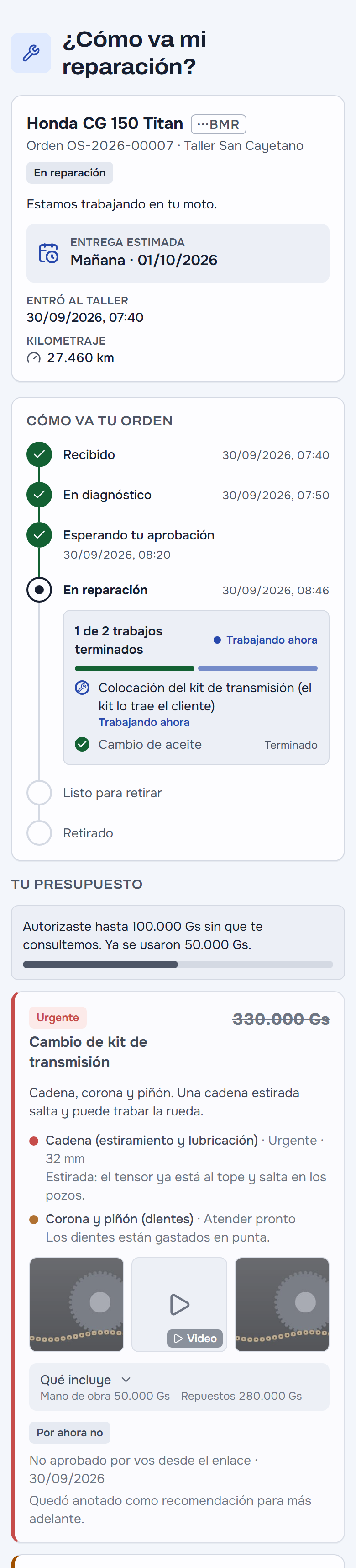 El ticket en el celular: la etapa en reparación abierta, con los trabajos y el que se está haciendo ahora