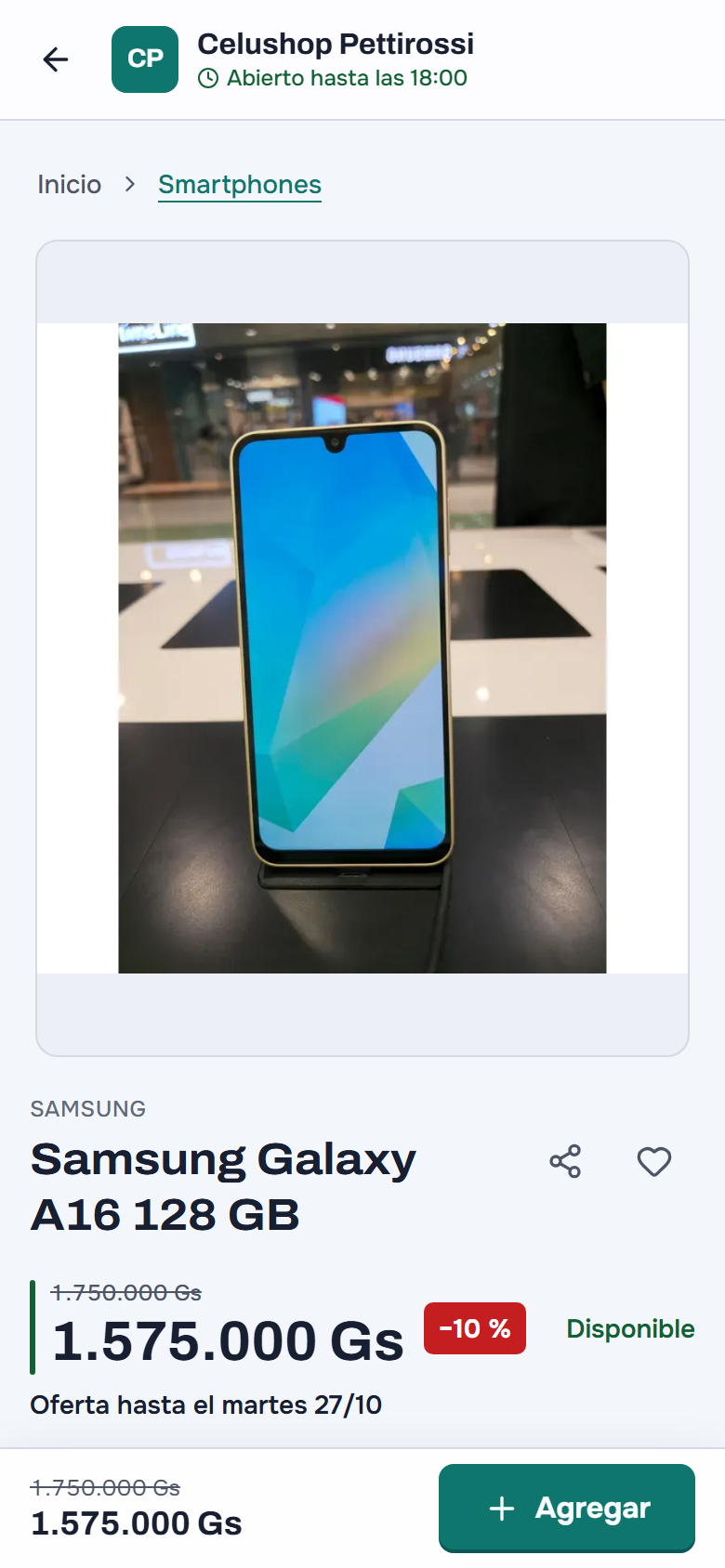 La ficha del Samsung Galaxy A16 128 GB en el celular: las migas «Inicio › Smartphones», la foto, los íconos de compartir y del corazón, 1.750.000 Gs tachado y 1.575.000 Gs con la cinta «−10 %», «Disponible» y «Oferta hasta el martes 27/10»; y abajo, fija, la barra con el precio de antes tachado, el de ahora y el botón «Agregar»