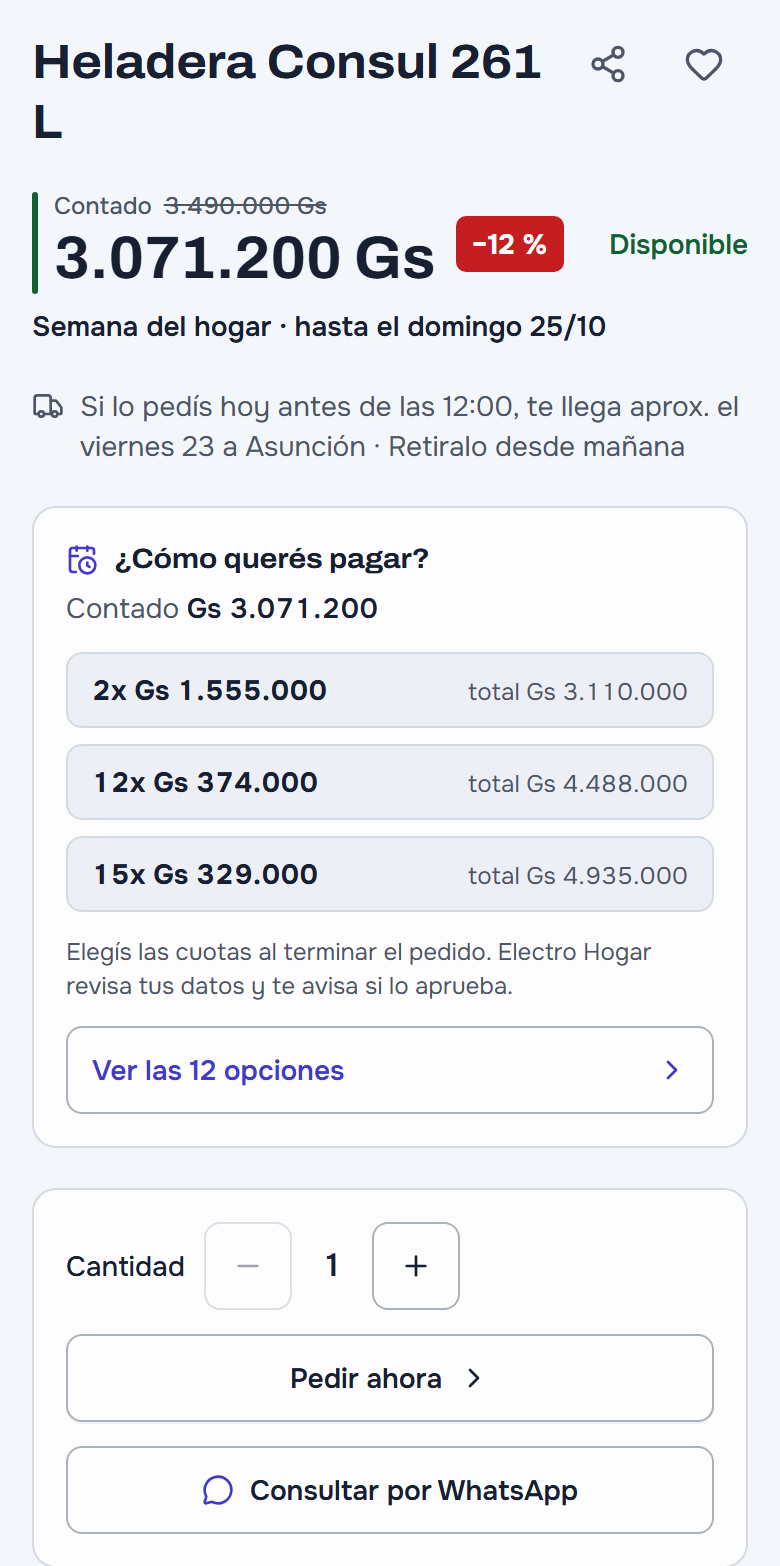 La ficha de la Heladera Consul 261 L de Electro Hogar en el celular: «Contado» con 3.490.000 Gs tachado y 3.071.200 Gs con «−12 %», «Disponible», «Semana del hogar · hasta el domingo 25/10», «Si lo pedís hoy antes de las 12:00, te llega aprox. el viernes 23 a Asunción · Retiralo desde mañana», «¿Cómo querés pagar?» con 2x Gs 1.555.000, 12x Gs 374.000 y 15x Gs 329.000 con su total y «Ver las 12 opciones», y debajo la cantidad, «Pedir ahora» y «Consultar por WhatsApp»