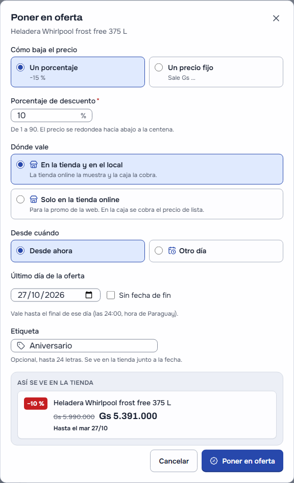 El diálogo «Poner en oferta» de la Heladera Whirlpool frost free 375 L: «Un porcentaje» elegido con 10 % («De 1 a 90. El precio se redondea hacia abajo a la centena»); «Dónde vale» con «En la tienda y en el local» elegido y «Solo en la tienda online»; «Desde ahora»; el último día 27/10/2026 con la casilla «Sin fecha de fin»; la etiqueta «Aniversario»; y «Así se ve en la tienda»: −10 %, Gs 5.990.000 tachado, Gs 5.391.000 y «Hasta el mar 27/10», con «Cancelar» y «Poner en oferta»