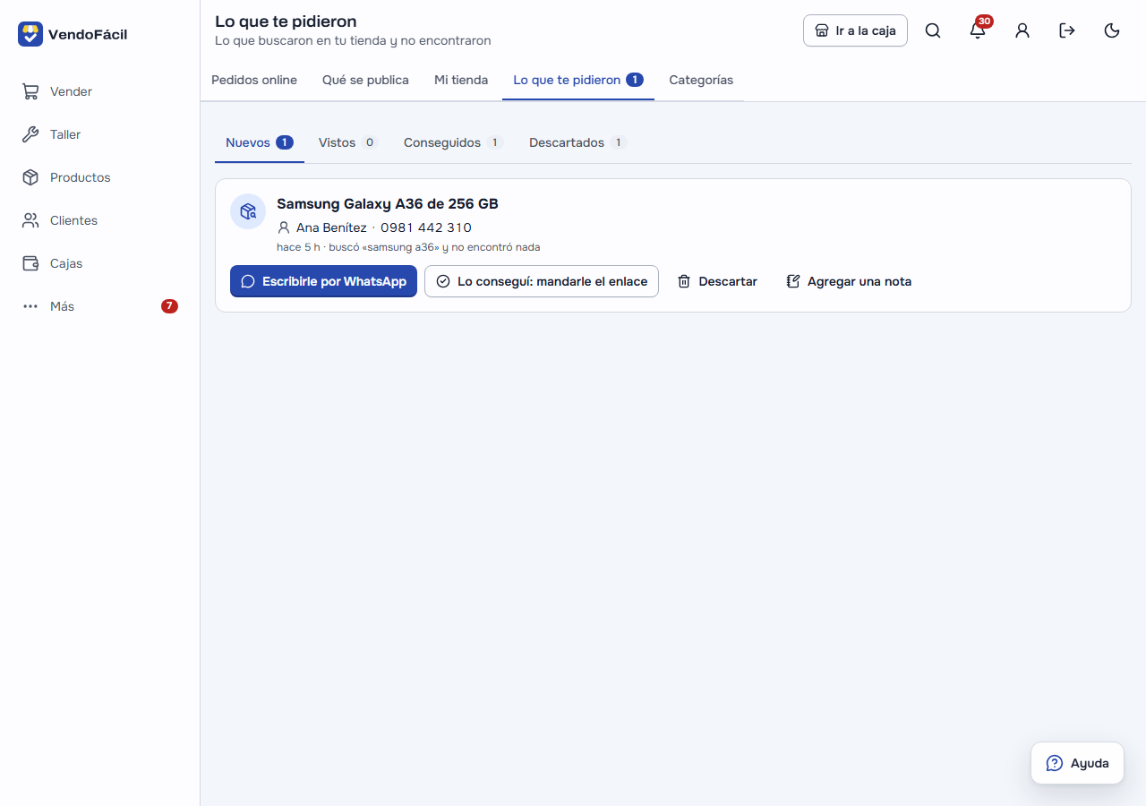 «Lo que te pidieron» en la computadora, en Nuevos (1): «Samsung Galaxy A36 de 256 GB», de Ana Benítez, 0981 442 310, hace 5 h, «buscó «samsung a36» y no encontró nada», con «Escribirle por WhatsApp», «Lo conseguí: mandarle el enlace», «Descartar» y «Agregar una nota»; y las pestañas Vistos, Conseguidos y Descartados